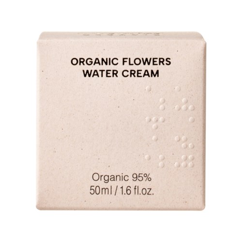 Eine beige Verpackung mit Text und kleinen erhabenen Punkten für organische Wassercreme.