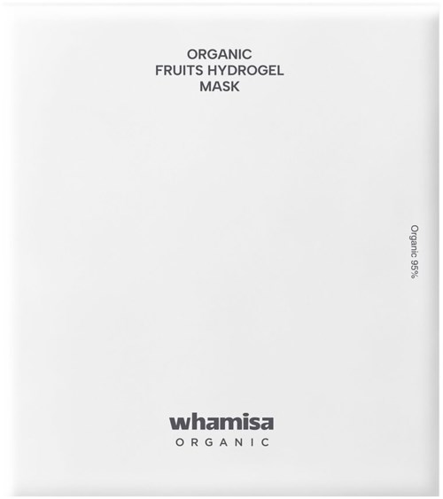 Weiße Verpackung mit schwarzen Text, erwähnt 'Organic Fruits Hydrogel Mask' und 'Whamisa Organic'.