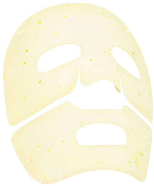 Eine gelbe Gesichtsmaske mit Ausschnitten für Augen, Nase und Mund. Sie scheint für Hautpflege zu sein.
