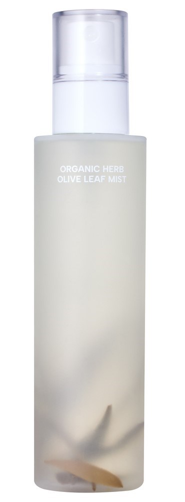 Eine weiße Flasche mit durchsichtigem Deckel namens Organic Herb Olive Leaf Mist. Sie sieht erfrischend und natürlich aus.