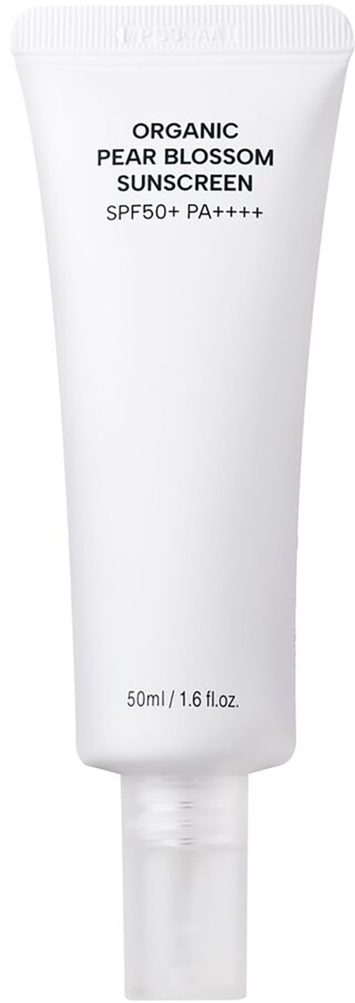 Weiße Tube mit Bio-Birnenblüten-Sonnencreme, SPF50+ und PA++++, 50ml.