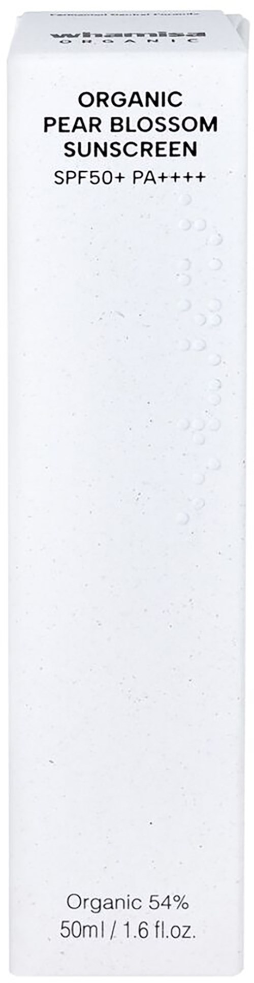 Eine weiße Box mit 'Organic Pear Blossom Sunscreen SPF50+ PA++++', Wassertröpfchen, 50 ml Sonnencreme.