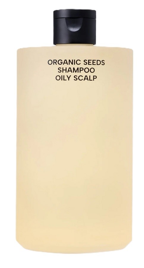Eine beige Shampoo-Flasche mit schwarzem Klappdeckel. Sie ist als Bio-Samen-Shampoo für fettige Kopfhaut gekennzeichnet.