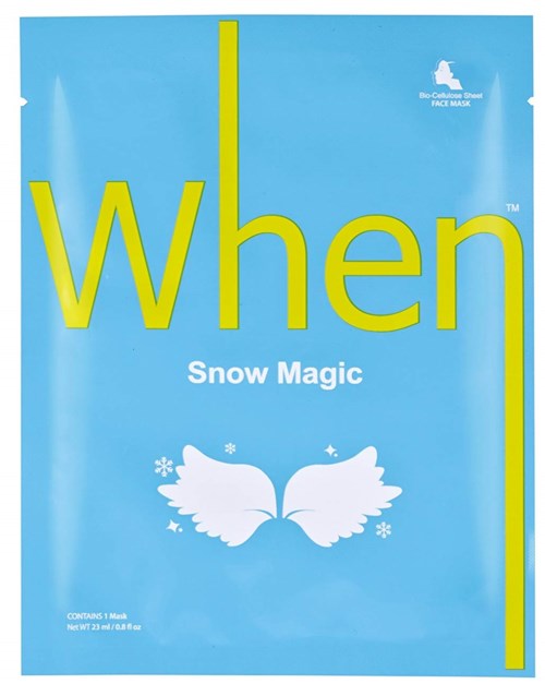 Blue packaging with yellow and white text, wings illustration, mentioning a face mask and snow magic.