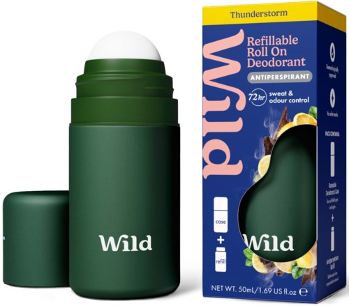 A green roll-on deodorant container with its cap removed, next to the packaging box showing the product name, scent, and features.