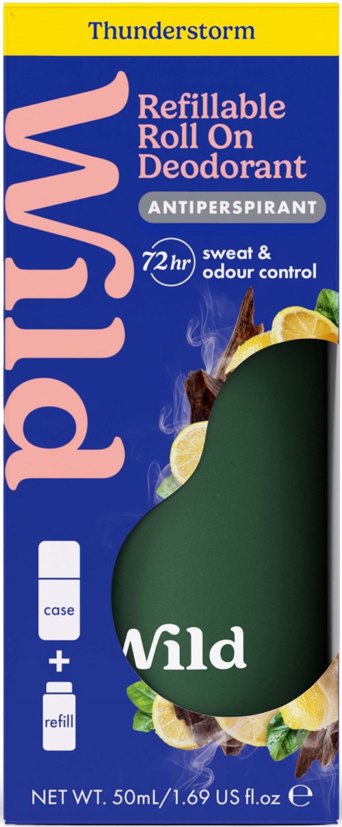 Recyclable refillable roll-on deodorant package with wild forest scent, lemon, and spices on blue background.