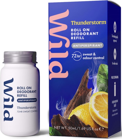 A white roll-on deodorant bottle next to a blue box with lemon and herbal images. The text shows it is for sweat and odor control.