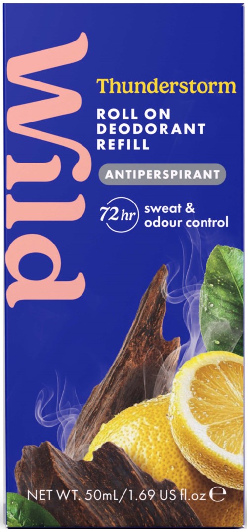 Blue packaging for Thundzstorm roll-on deodorant refill with lemon, green leaf, and wood scent elements.