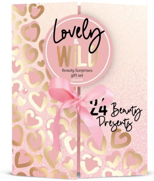 Lovely & WILD skönhetsöverraskningspresentset med 24 skönhetsprodukter, rosa förpackning med hjärtan, rosett och produktmärke.