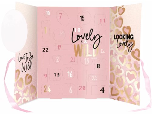 Rosa och guld kärleksfestivt skönhetskalender med 24 numrerade luckor och dekorativa hjärtan.