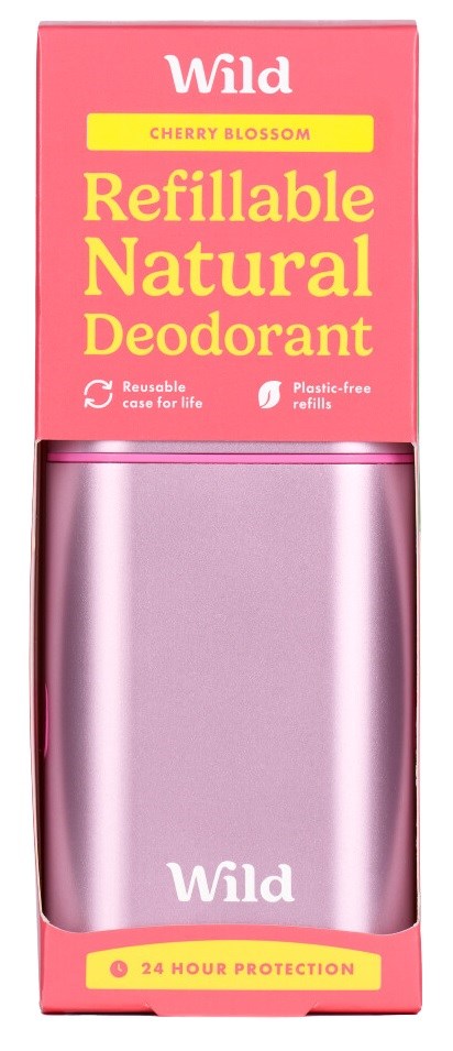 Een roze en paarse deodorantverpakking met gele accenten, toont een navulbare natuurlijke deodorant voor 24 uur bescherming.
