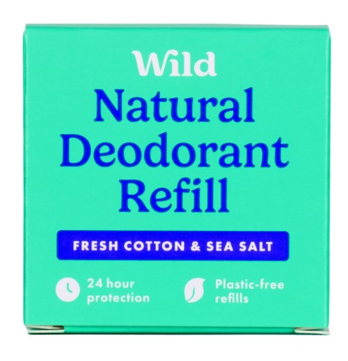 Verpakking met natuurlijke deodorantrefill met katoen en zeezout, 24 uur bescherming, milieuvriendelijk en plasticvrij.