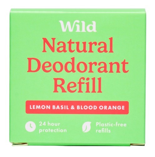 Groene doos met rode en witte tekst, promotie voor natuurlijke deodorantrefill met citroen-basilicum en bloedoranje.