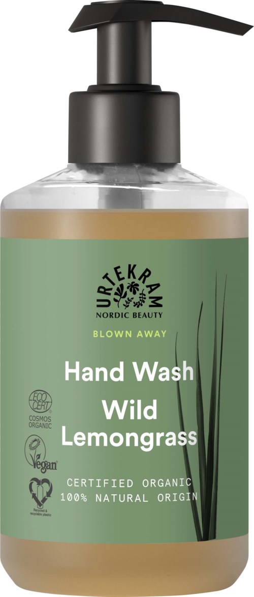 Handzeepfles met pomp, gemerkt 'Wild Lemongrass,' met groene en zwarte kleuren en symbolen voor natuurlijke ingrediënten.