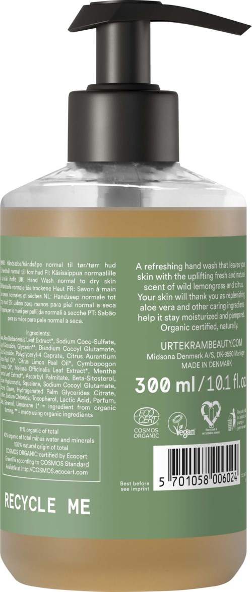 Een plastic fles met een pomp, groen label en tekst over huidverzorging en recycling.