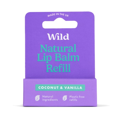 Eine lila Schachtel enthält Nachfüllpackungen für natürlichen Lippenbalsam mit Kokos und Vanille, aus natürlichen Zutaten.