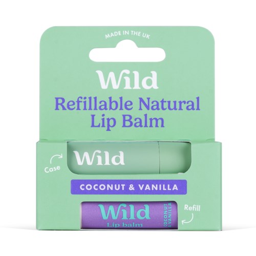 Een groen doosje met een hervulbare kokos- en vanillegeurende lippenbalsem, met tekst en een kleine illustratie van een etui.