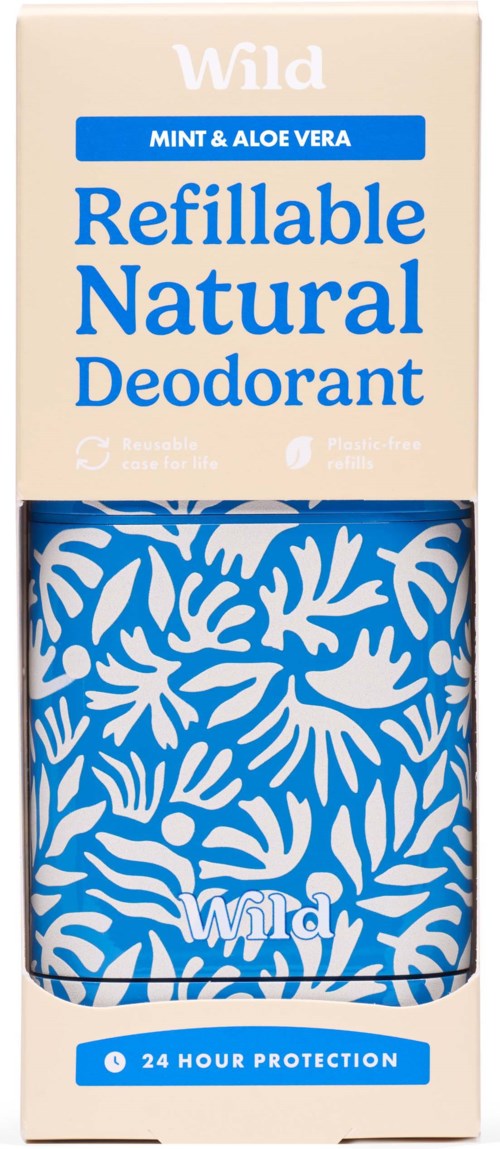 Verpakking van een navulbare natuurlijke deodorant met munt en aloë vera geur en een blauw-wit ontwerp.