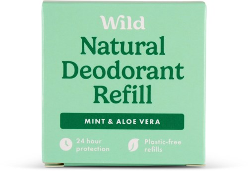 En grön låda med etiketten 'Wild Natural Deodorant Refill' med 'Mint & Aloe Vera', 24-timmars skydd och plastfria påfyllningar.