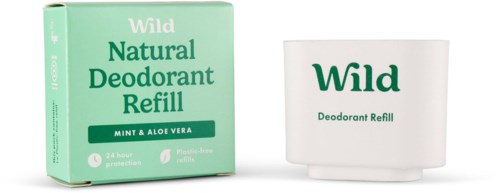 En låda och behållare märkt "Wild" med grön text, för deodorantpåfyllning, mint och aloe vera doft.
