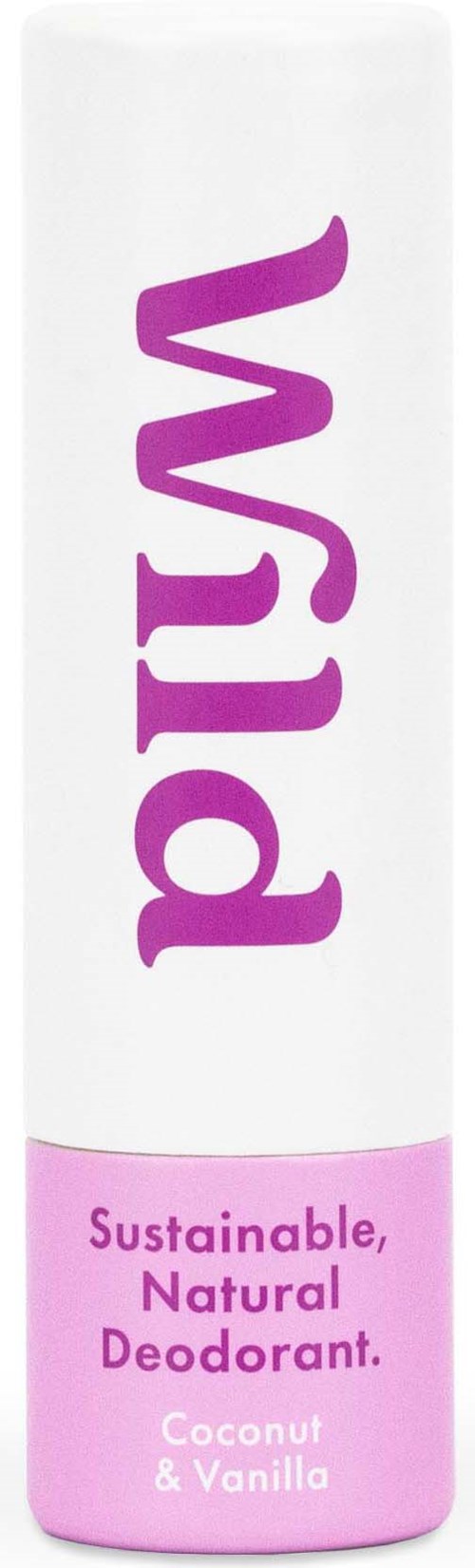 Een witte en roze deodorant spray met paarse tekst, gemarkeerd als natuurlijk, duurzaam, kokos en vanille.
