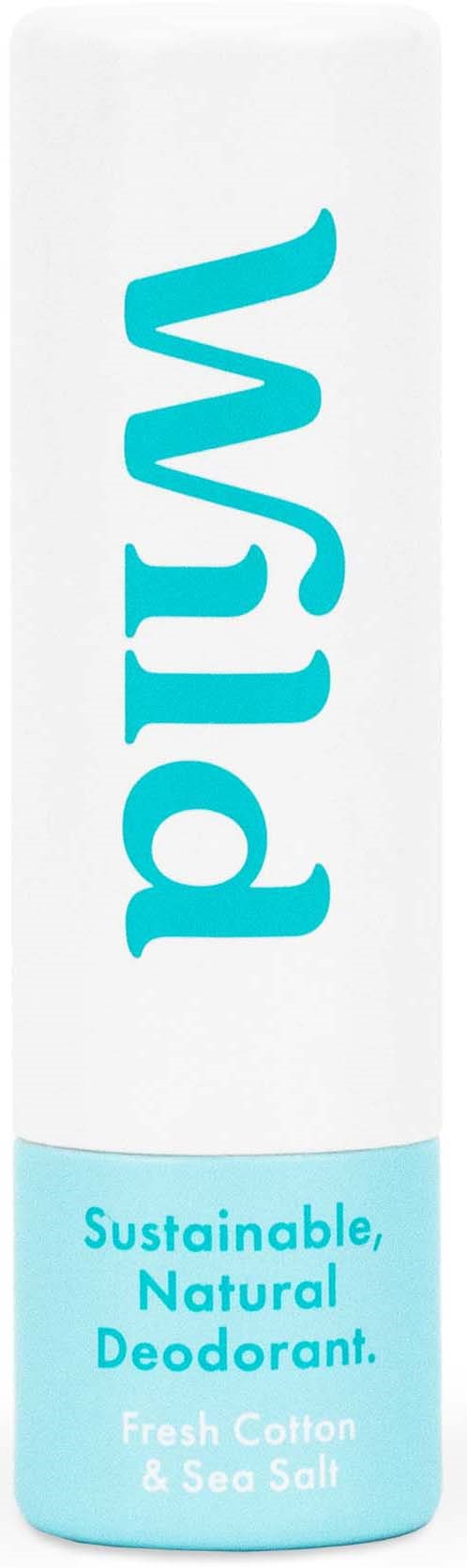 A white deodorant stick with blue text saying, "Vellum" and "Sustainable, Natural Deodorant. Fresh Cotton & Sea Salt."
