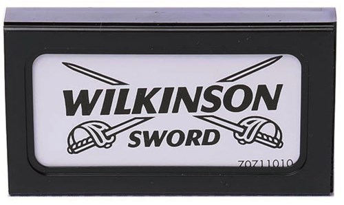 A rectangular sign with the words "Wilkinson Sword" and two crossed swords, one held by each hand.
