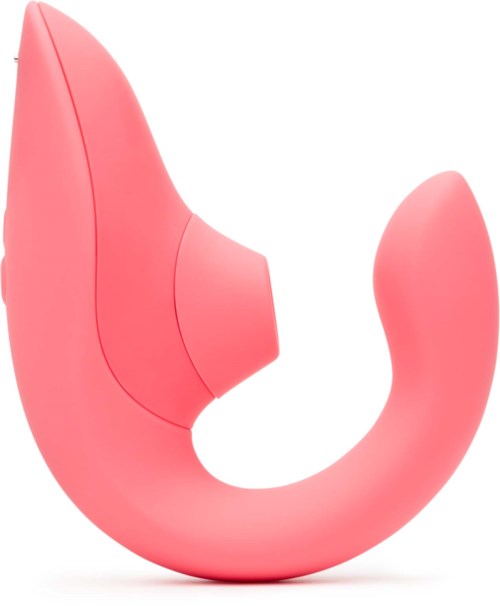A pink, curved device with a streamlined shape and a large, rounded end, possibly a personal massager or gadget.