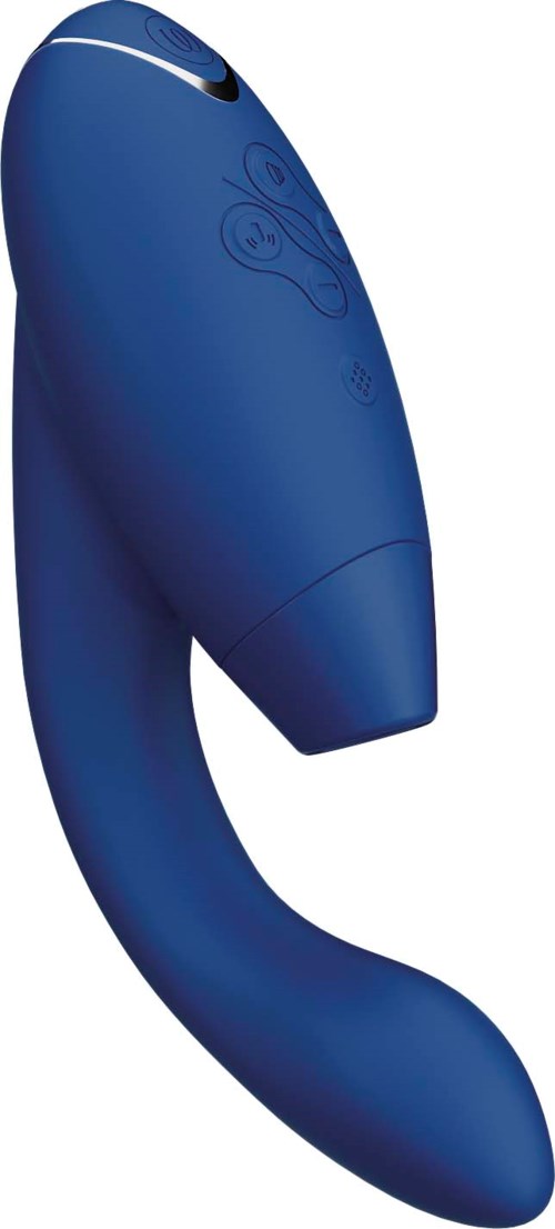 A blue personal massager with a curved shape and floral patterns on the top surface.