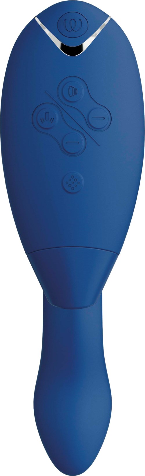 A blue remote control with several buttons and a curved handle, designed for easy grip and use.