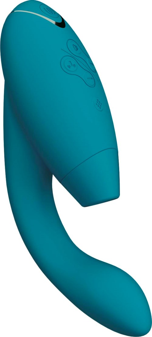 A blue device with a curved shape and decorative patterns on top. It has a black clip and a smooth surface.