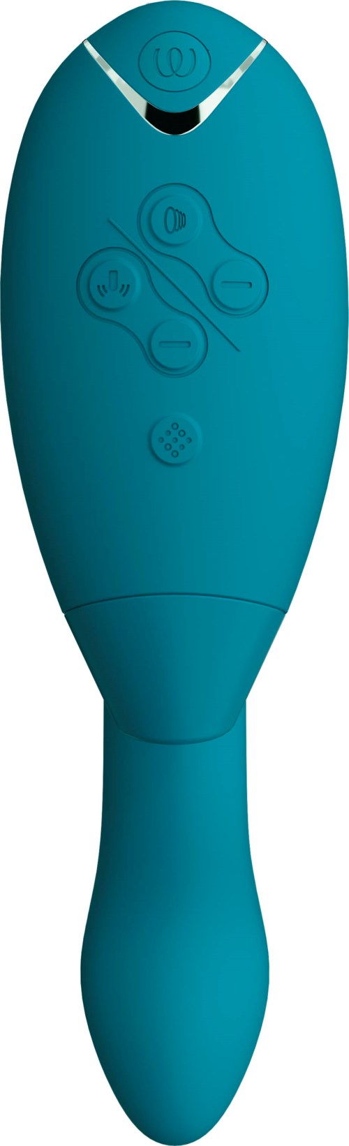 A blue handheld device with buttons and a small speaker area, possibly a massager or personal care tool.
