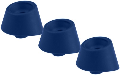 Drei blaue Silikonbecher mit kleinen Basen, in einer Reihe angeordnet, zum Trinken oder Probieren.