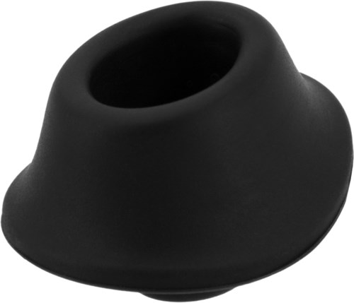 Ein schwarzer, runder, weicher Gegenstand mit großem Loch in der Mitte, geformt wie ein kleiner Kegel oder Abdeckung.