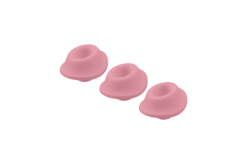 Drei pinke Ohrstöpsel sind in einer Reihe auf schwarzem Hintergrund angeordnet.