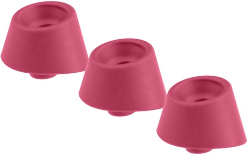 Tre små rosa koppar eller behållare med öppna toppar och runda former. De är placerade sida vid sida.