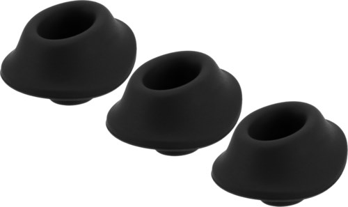 Drei schwarze Silikon-Ohrstöpsel in verschiedenen Größen nebeneinander.