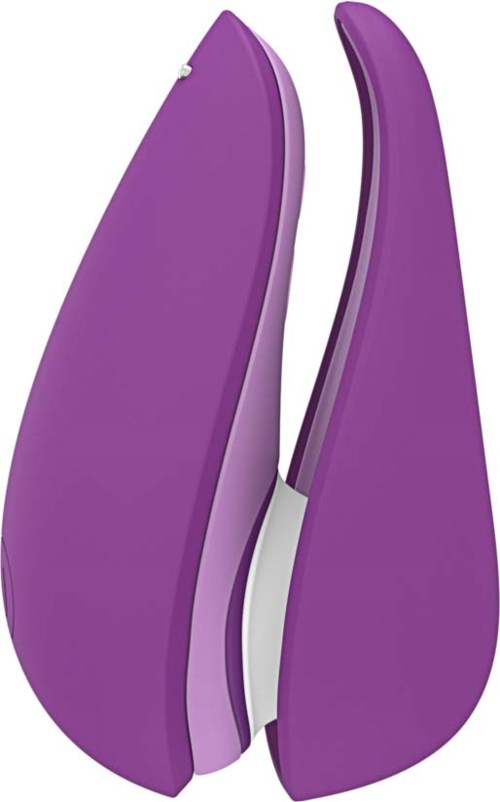 A purple computer mouse with a sleek, modern design and two buttons.
