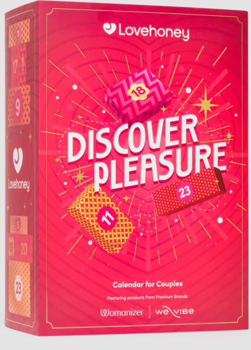 Vahva pinkki laatikko, jossa on värikkäitä numeroita ja tekstiä, mainostamassa Lovehoneyn pariskuntakalenteria nimeltä 'Discover Pleasure'.