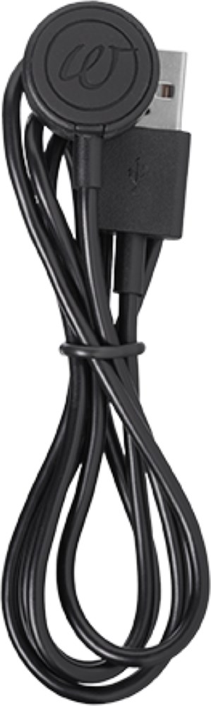 Ein schwarzes Ladekabel mit einem runden Logo am Stecker, verbunden mit einem USB-Anschluss.