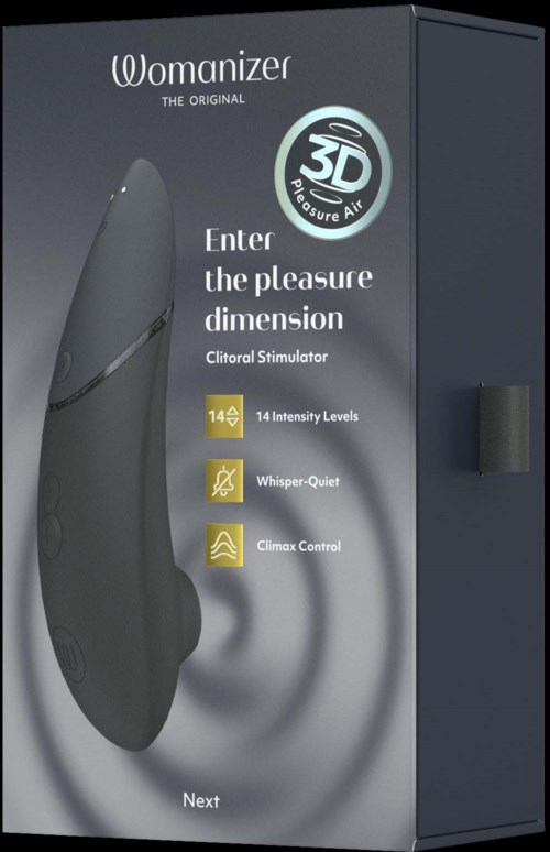 Eine dunkle Box zeigt ein Womanizer-Produkt mit Logo, das Funktionen wie Intensitätsstufen, leisen Betrieb und Klitoriskontrolle beschreibt.