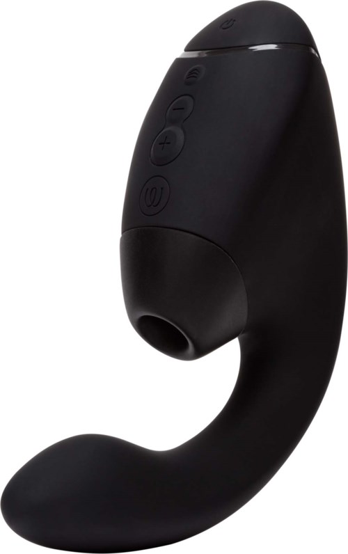 A black wireless personal massager with buttons on the handle and a curved shape for use on the body.