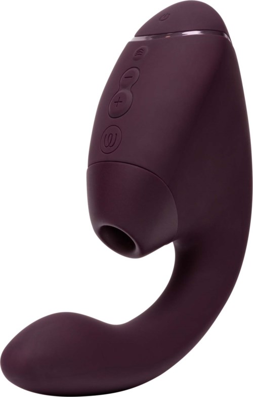 Purple personal massager with control buttons and curved shape for targeting body areas.