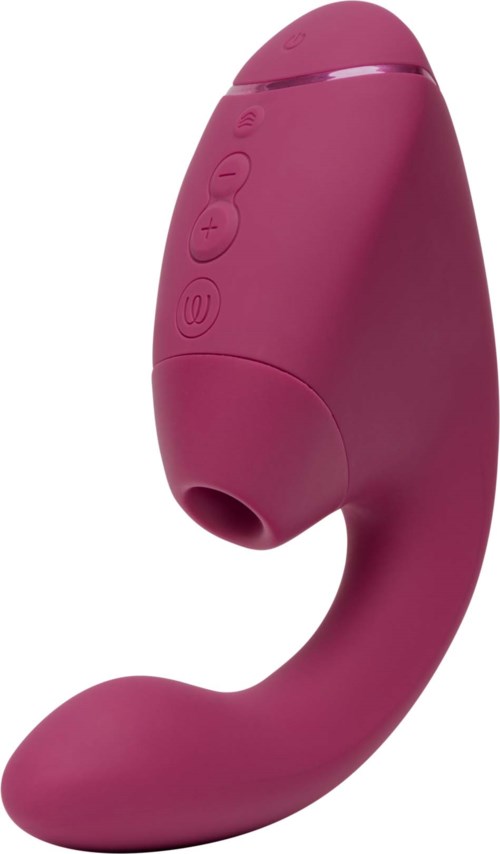 Pink curved personal massager with control buttons on top.