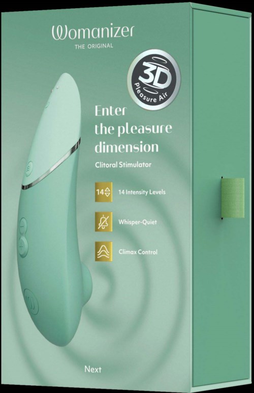 Green box with a product called Womanizer, featuring a clitoral stimulator, 14 intensity levels, whisper-quiet, and climax control.