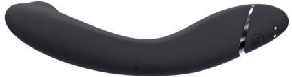 Black, curved object with a small control button and a shining silver ring near one end.