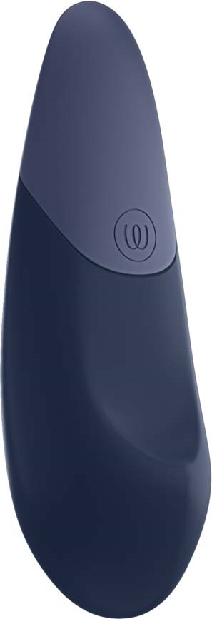 A sleek, dark blue device with a rounded top and a small embossed logo in the middle.