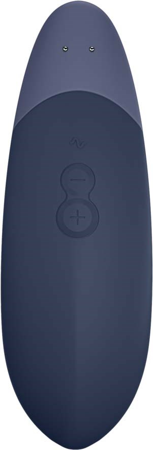 A navy blue remote control with three buttons and two small sensors at the top.