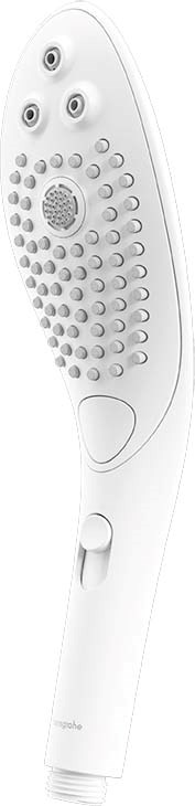 A white handheld shower with multiple nozzles, a central spray, and a button on the handle.
