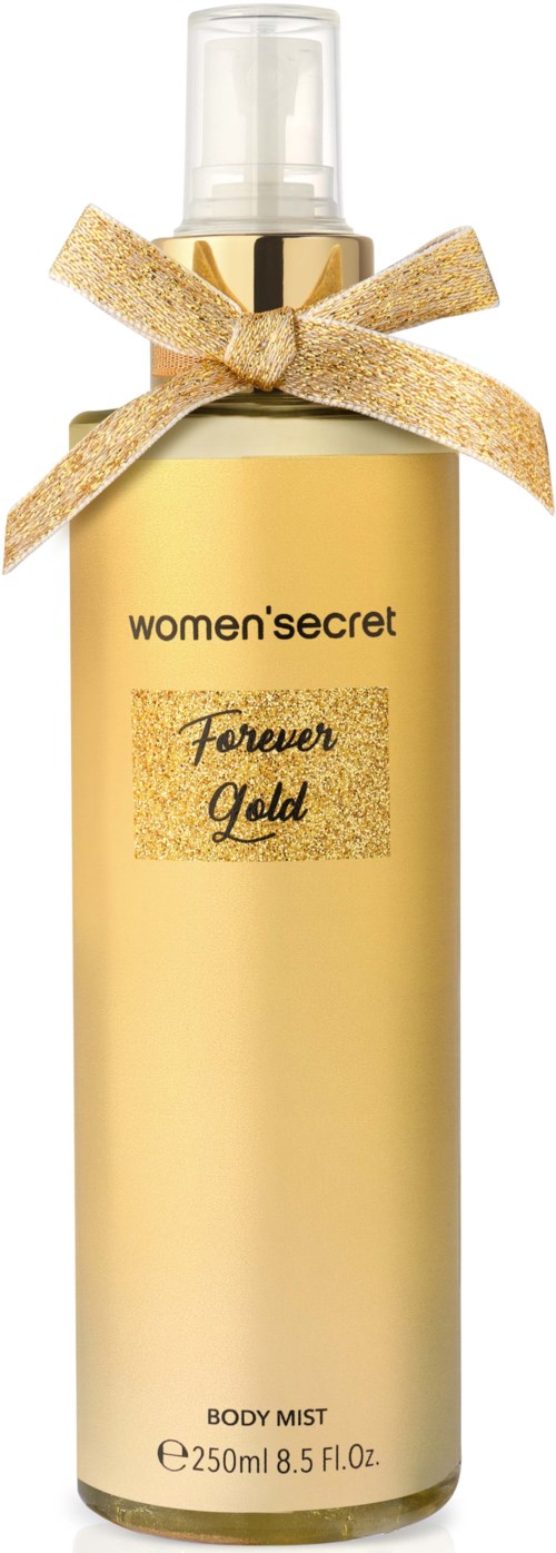 Pitkä, keltainen pullo kultatarralla, sidottu kultalangalla, merkattu 'Forever Gold' Women's Secretiltä, vartalotai.